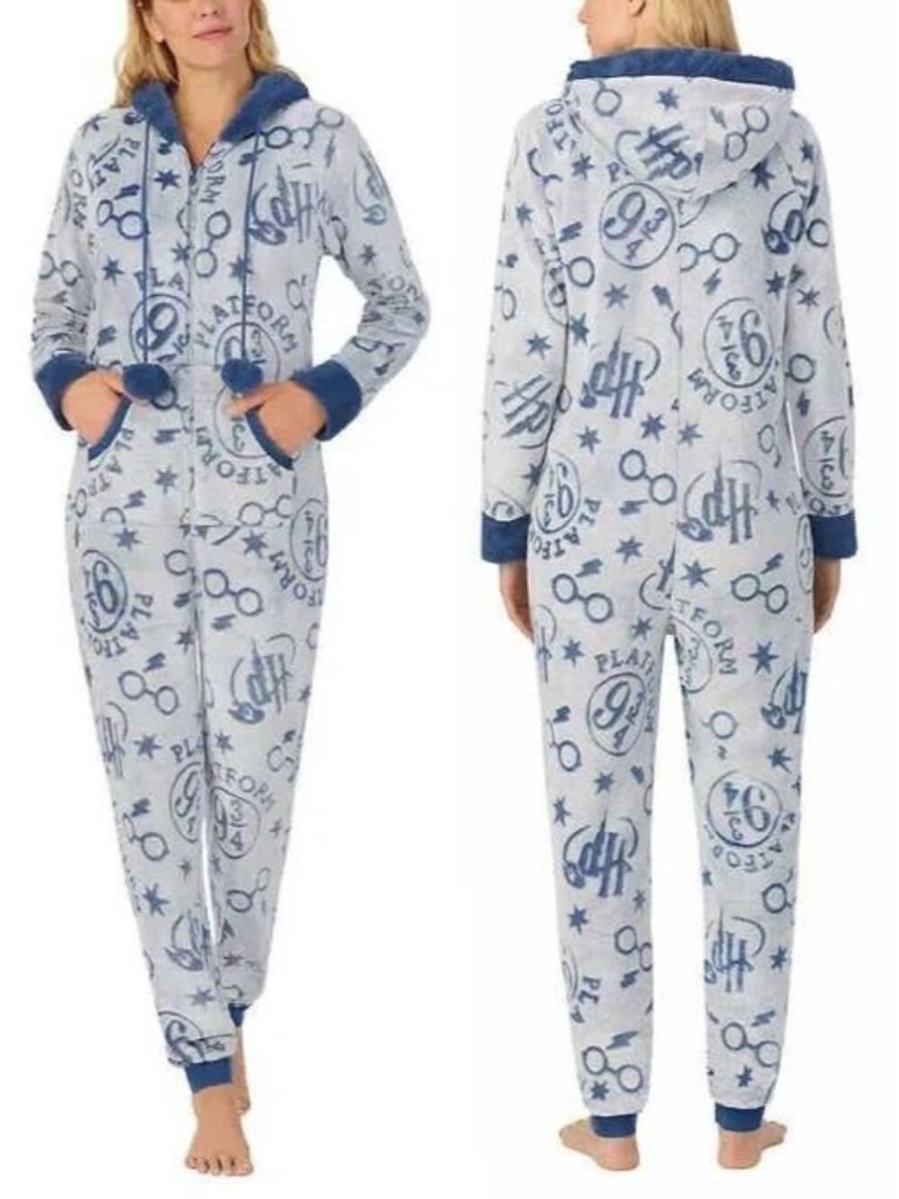 Wizarding World Harry Potter Women's LG Blue One-Piece Hooded Pajama Faux Fur